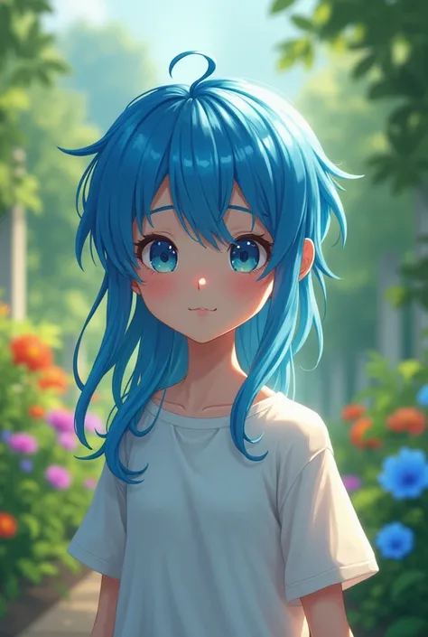 A short  boy with blue hair  his hair shines like blue ruby and is long to his shoulders his hair is long
He is wearing a white shirt and walking in a garden and we can see his face 
His face is visible 
And the art is realistic not animation 
He is slende...