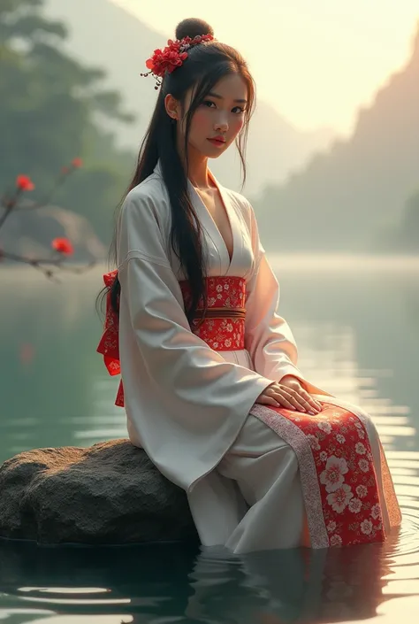 an illustration of an Asian woman in a white kimono decorated with a red pattern with long dark auburn hair and black eyes, she is sitting on a rock in the middle of the water with her feet in the water, she is looking at the camera with a intensity of lov...