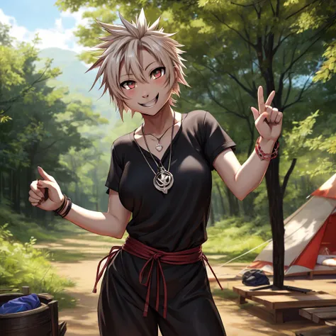 Hanami (Jujutsu kaisen), Sexy pose, Breasts, camp, 8k art, digital art, smiling, Standing, excited, Feminine focus, Black T-shirt, Looking at the viewer, he points to peace in one hand, black pants, Bracelets, pendants