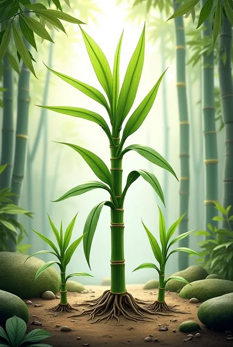 Diagram of the life cycle of a bamboo shoot, where all the stages are shown, with nature themed background 