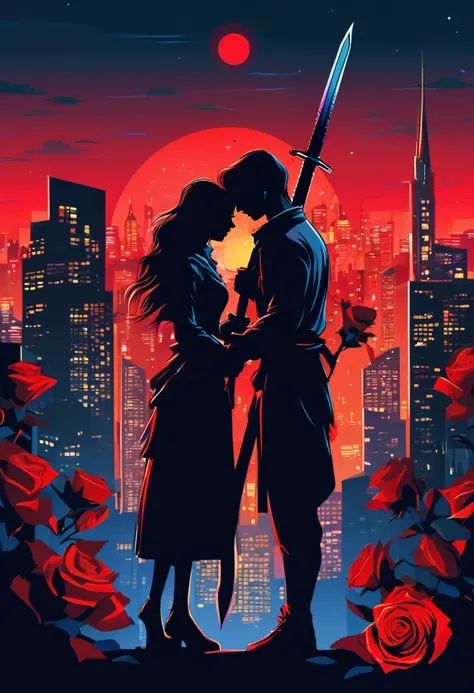 vector style, 
an illustrative picture of love that causes pain, a pair of lovers with a sword sticking out of each of their backs, both carrying red roses. a pair of lovers facing each other, night city view, 