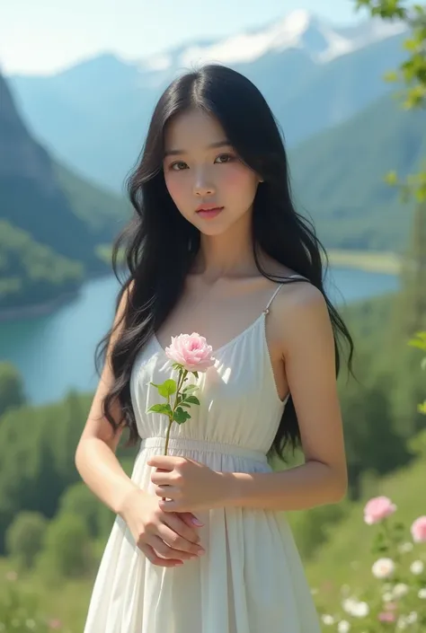 (photorealism:1.2), Sweety, sweetyv01, Indo-canadian,1girl, solo, 1 west canadian girl, flower, dress, long hair, black hair, white dress, holding flower, outdoors, lipgloss, mountains, lake, realistic, bare shoulders