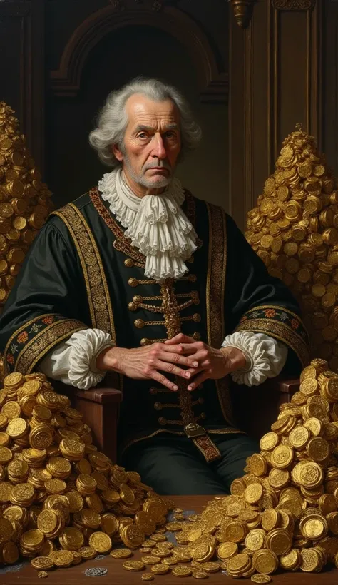 The wealthy man from 1700s time growing older, surrounded by piles of gold but looking lonely and sad.