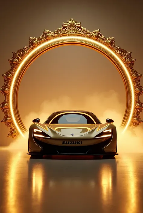 Realistic sports car coming out of a golden circular elegant frame, with golden lights around, and the title “Suzuki” at the bottom
