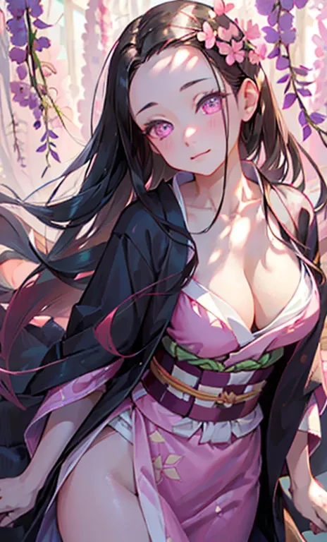 masterpiece, (pink kimono), seductive face, good lighting, décolleté, fine details, masterpiece, glowing eyes, 1girl, black hair, gag, bamboo, Nezuko Kamado, wisteria background, masterpiece, best quality, POV, whole body, wide hips,