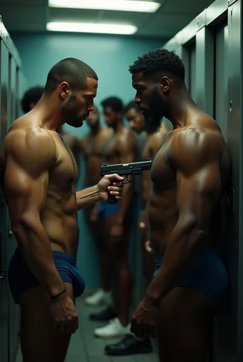 A strong, hairy mixed-race police officer in navy blue underwear points a pistol at a black man inside a public restroom surrounded by other men.