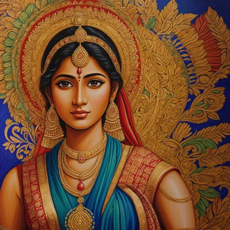 create a painting canvas with visible paint strokes. This portrait must contain a temple,  a hindu temple of prayers, rich in detail, with a woman wearing a sari, typical indian costumes. strong colors, lives, energy. 