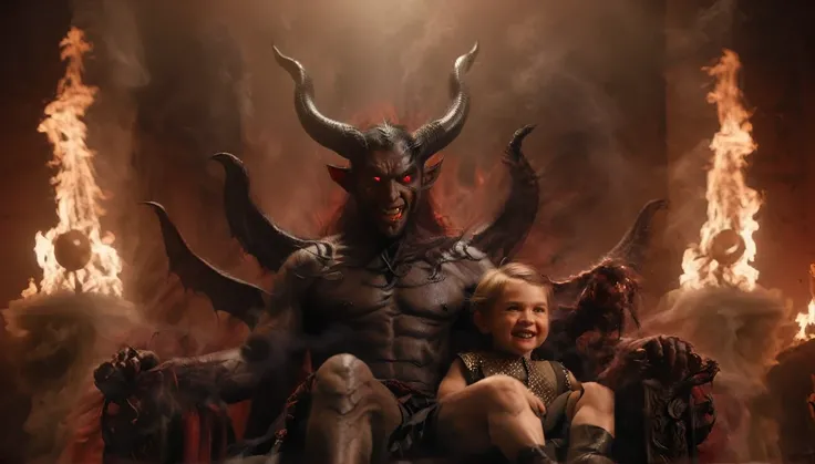 Satan is sitting on his throne in hell with three healthy human children on his lap. Lucifer and his demons are looking evil and menacing, while in stark contrast, the children look happy and are smiling at Cinematic portrait, Realistic characters, Full fo...