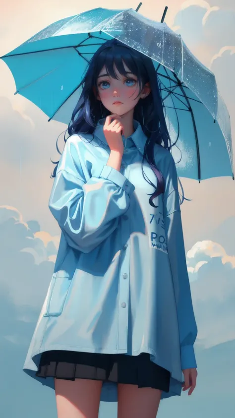 A beautiful, cute girl with a scared and lost expression, standing in the rain with a blue-toned background. The word Weak Hands is written in the clouds above her, and the words Shakeout are subtly imprinted on her tattered shirt. Floating around her are ...