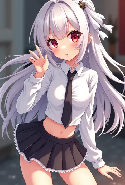 anime girl with long white hair, red eyes, white ribbon on the back of her head, wearing a short collared shirt, black tie, white black short skirt , belly exposed , catoon , nsfw  , revealing small white pants , hentai face