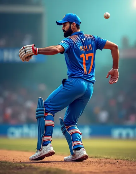 Cricket player Virat Kohli in blue jersey with INDIA written on the back and white sneakers pitching from behind，drop shadow, anaglyph, stereogram, tachi-e, ass pov, atmospheric perspective, 8k, super detail, best quality