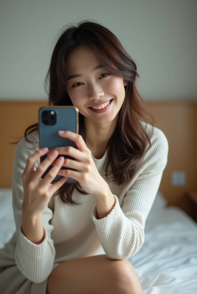 A Japanese actress is taking a selfie with her smartphone