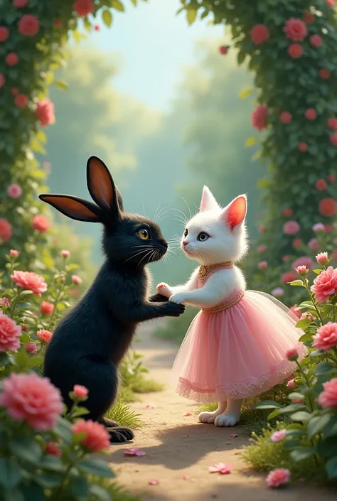 Black rabbit  beats the beautiful white cat in pink dress in beautiful garden 