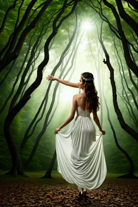 in a moonlit forest, a man discovers a nymph dancing among the trees. her outfit, crafted from leaves, vines, and sheer fabric, ...