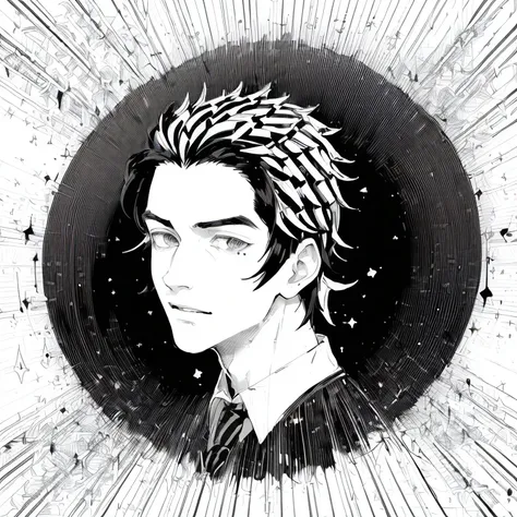 (((black and white illustration with converging lines)))、(((young handsome man with surprised face))),