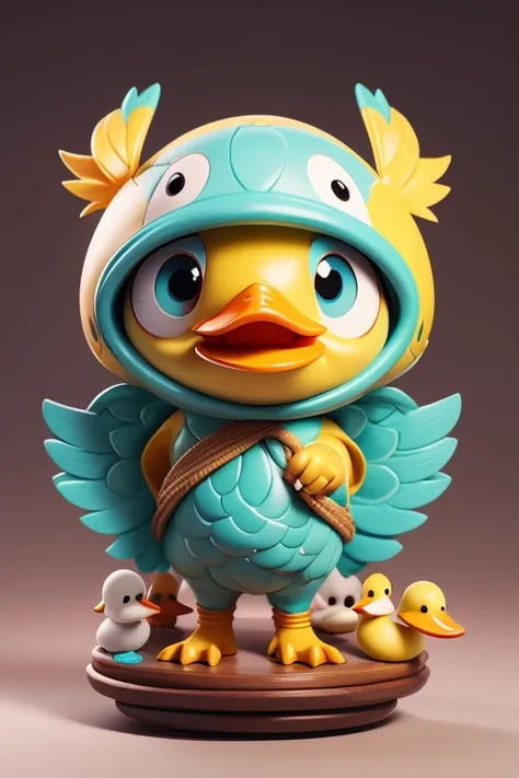 Create a picture of a little duckling monster., The image should be sharp and detailed, with beautiful colors. Exotic patterns. With arms, leg, eyes, mouth, พื้นหลังสีlegว