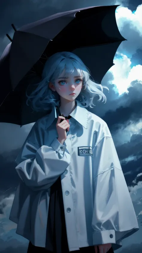 A cute girl with wide, anxious eyes and expression a looks worried and nervous and is being shaken,, standing in the middle of a dark, stormy scene. The background is a deep, moody blue with the words Weak Hands swirling in the storm clouds above her. Shes...