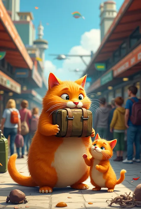  A busy, bustling bus station. People are waiting, and buses are arriving and departing. In the foreground, a chubby orange cat and its chubby orange kitten stand near the bus gate. The cat is holding a small, tattered travel bag.