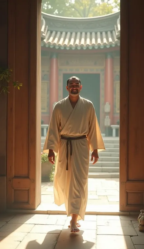 The man leaving the temple, smiling peacefully.
The man is wearing a off-white clothes and have black hair and he is 40 years old and is clean shaved