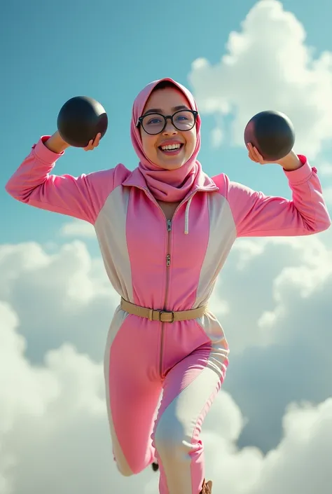 masterpiece .Real Malay girl wear hijab. jumpsuit pink white. Wear shirt pink. Wear biege belt , have a power .(( Wear small google big spectacles rubberband on head). Flying in the sky. Two hand front. Average 15 year old. Smile girl. Very strong. Lifting...