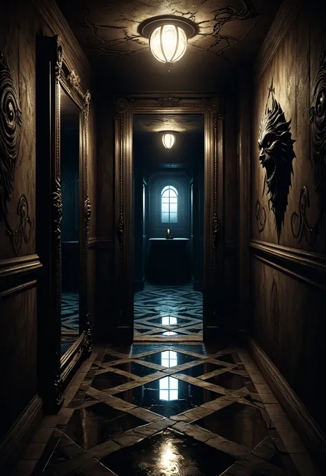 a dark and eerie passageway, twisted nightmarish creatures, a mirror reflecting a distorted reality, occult symbols, horror, surreal and non-realistic, highly detailed and photorealistic, cinematic lighting, dramatic shadows, professional lighting