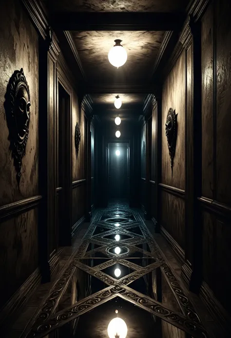 a dark and eerie passageway, twisted nightmarish creatures, a mirror reflecting a distorted reality, occult symbols, horror, surreal and non-realistic, highly detailed and photorealistic, cinematic lighting, dramatic shadows, professional lighting