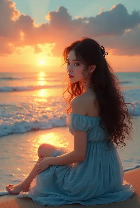 A beautiful asian girl with long and curly brown hair and hazel green eyes, wearing a light blue dress without any shoes, sitting comfortably on the shore watching the sunset.