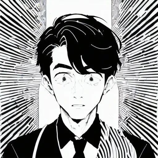 (((black and white illustration with converging lines)))、(((young handsome man with surprised face))),