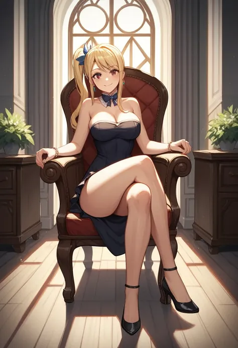 score_9, score_8_up, score_7_up, score_6_up, score_5_up, score_4_up, source_anime, 1girl,masterpiece, best quality, highres, lucy heartfilia, sit, chair, full body, smile, blonde hair, brown eyes, long hair, side ponytail, middle breasts, earrings, black d...