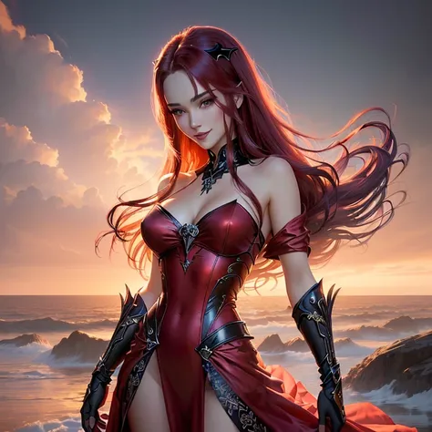 A picture.the last dawn of a vampire woman in a red-scarlet translucent naked dress.full length.Beautiful long hair develops in the wind.Vamp girl smiles cutely with her vampire smile.. , Julie Bell Бипл, Julie Bell, Alena Enami and Artgerm, Detailed 4k di...