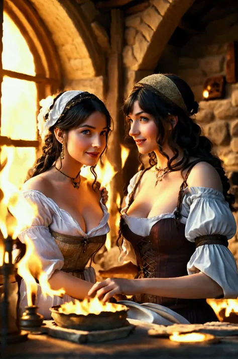 In a medieval village, a man is drawn to a quaint tavern where a woman dressed as a tavern maiden greets him. Her handmade outfit, a simple yet alluring dress with a cinched waist and flowing skirt, hints at her playful nature. The room is filled with warm...