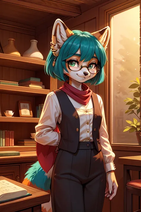 Youthful, tall, slim, frail slender figure, distinctly feminine figure, narrow hips, long legs, close-up shot. Species: Red panda.
Hair: Vibrant teal-blue, styled in a messy pixie cut with long side-swept bangs. Texture is silky and slightly wavy.
Eyes: La...