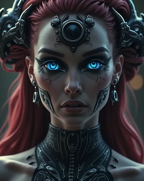 Angels never a close up of a woman with red hair and black makeup, fashionable futuristic woman, dark goth queen with blue eyes, futuristic woman portrait, gothic and futuristic, stunning digital illustration, gorgeous digital art, portrait beautiful sci -...