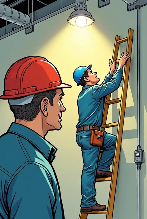 Create a comic:An inspector wearing a red hard hat，Supervising a worker wearing a blue hard hat，This worker is wearing a belt and is changing a light bulb on a ladder