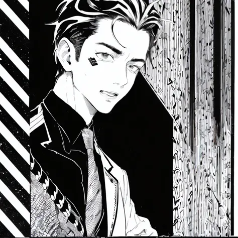 (((black and white illustration with converging lines)))、(((young handsome man with surprised face))),