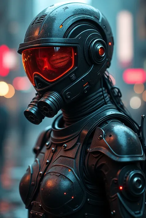 (best quality), future, 1girl, solo, miko motif exoskeleton suit, led, gas mask, holding blade, machinery, digital engraving, ultra highres, absurdres, deep glow effect, hdr, light particles, cinematic lighting, depth of field