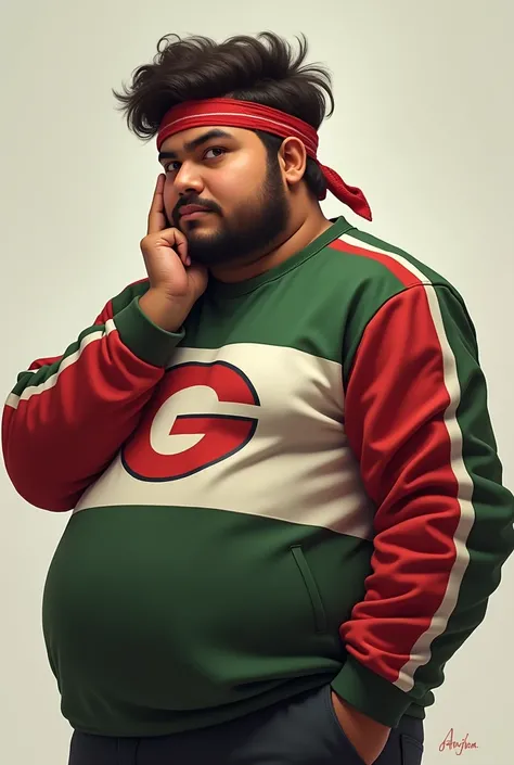 Realistic. Masterpiece. High detail. Real human One teenage .man Chubby India average 15 year old.. Big body. Body fat . Wear green red white long sleeve"G" Logo on shirt. Hairy hand. Wear head band red white. Hand holding face. Bulking.