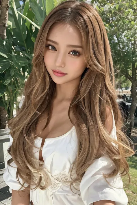 long hair,curly hair,white beige hair color:1.2,、sunburn:1.5,selfie:1.5、masterpiece、highest quality、非常に精細な8k、ultra hd、very detai...