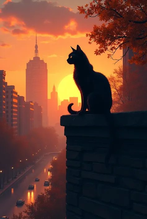 Cat against the backdrop of an autumn city in the evening 