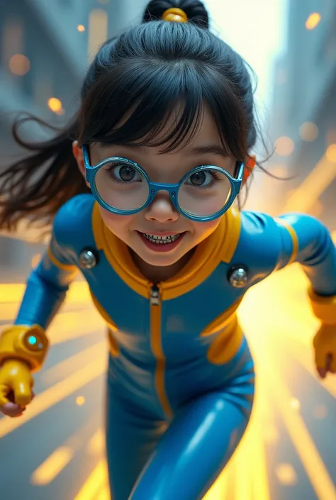 Chinese girl average age 15 year old wear jumpa shuit high tech(( blue yellow)). Running effect. Glowing yellow power. Runfast effect. Wear blue big glasses big frame. Braces teeth. Boleh background. Panning effect. Yellow high tech watch. 