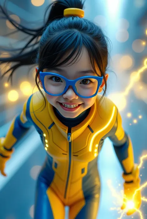 Chinese girl average age 15 year old wear jumpa shuit high tech(( blue yellow)). Running effect. Glowing yellow power. Runfast effect. Wear blue big glasses big frame. Braces teeth. Boleh background. Panning effect. Yellow high tech watch. 