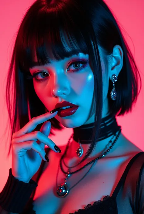 masterpiece, neon splash art of a goth cyberpunk girl, straight-cut bob, bangs, black hair with red streak, earrings, necklaces, red thin lips, dark eyeshadow, choker, black nail varnish, one hand near her mouth, sensual, sexy, vibrant surreal colours