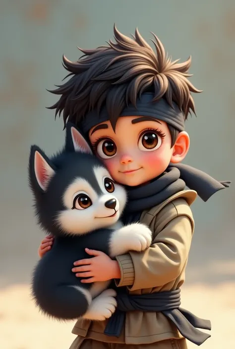  Boy with Big Eyes , with Ninja Headband , Holding A Black cute Husky puppy 