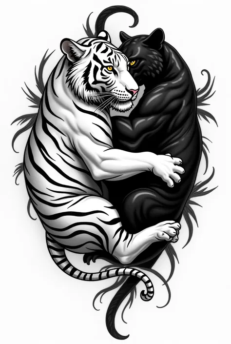 (Hipster tattoo:1,2), YING YANG, white tiger black panther, tattoo, dessin, noir sur blanc