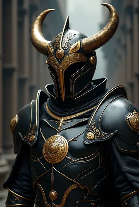 A foreboding armored figure with glossy black carapace-like plates accented with elegant gold trims dominates the composition, its helmet boasts a striking gold-adorned circular crest, with two prominent thick horns, and intricate symbols are etched in a h...