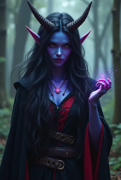 monster girl, very beautiful, wizard, black robe, red trim, long hair, horns, scales, blue and purple gradient skin, magic on finger, in the forest, fantasy, solo focus,epic, concept art, realistic, highly detailed, upper body, looking at viewer