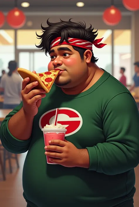 Realistic. Masterpiece. High detail. Real human One teenage .man Chubby India average 15 year old.. Big body. Body fat . Wear green red white long sleeve"G" Logo on shirt. Hairy hand. Wear head band red white. Hand holding face. Bulking. Hand holding pizza...