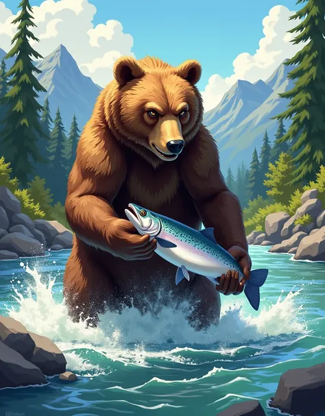 A powerful bear standing in a rushing river, catching a fish with its strong jaws. The water splashes around as the bear secures its catch, with the surrounding forest and mountains visible in the background. The scene is filled with the raw energy of natu...