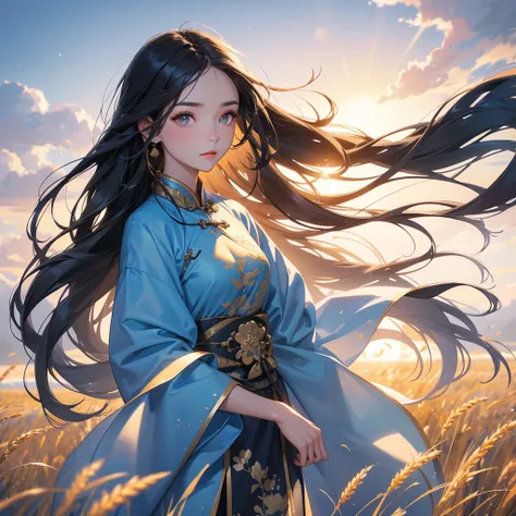 A beautiful girl with black long hair, wear blue ancient chinese clothes, Standing in the middle of a wheat field , There are some floating clouds, with the sun shining on her face, close up.