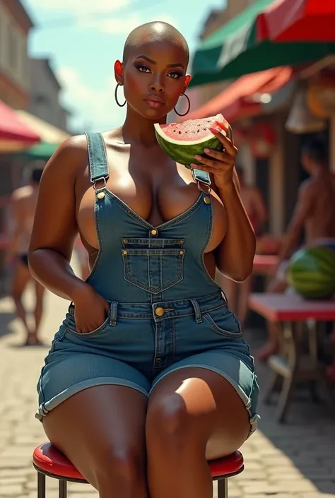 Tyra banx shaved head (very big size breasts 1.8) very small waist, very wide hips, in the denim overals eathin wotermelon on the chair in the street market 